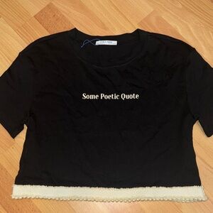 Zara Black Cropped Tee with Cream Trim and Pearl Detail